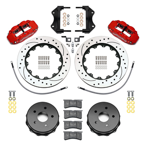 Wilwood Forged Narrow Superlite 4R Big Brake Rear Brake Kit For OE Parking Brake Parts Laid Out - Red Powder Coat Caliper - SRP Drilled & Slotted Rotor