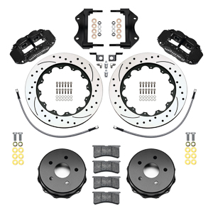 Wilwood Forged Narrow Superlite 4R Big Brake Rear Brake Kit For OE Parking Brake Parts Laid Out - Black Powder Coat Caliper - SRP Drilled & Slotted Rotor