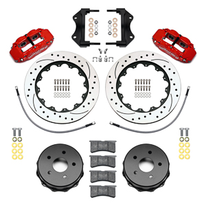 Wilwood Forged Narrow Superlite 4R Big Brake Rear Brake Kit For OE Parking Brake Parts Laid Out - Red Powder Coat Caliper - SRP Drilled & Slotted Rotor