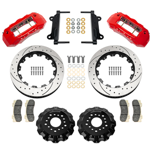 Wilwood TX6R Big Brake Truck Front Brake Kit Parts Laid Out - Red Powder Coat Caliper - SRP Drilled & Slotted Rotor