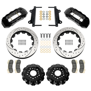Wilwood TX6R Big Brake Truck Front Brake Kit Parts Laid Out - Black Powder Coat Caliper - SRP Drilled & Slotted Rotor