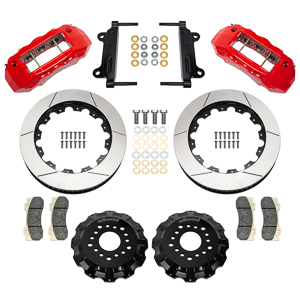 Wilwood TX6R Big Brake Truck Front Brake Kit Parts Laid Out - Red Powder Coat Caliper - GT Slotted Rotor