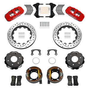 Wilwood AERO4 Big Brake Rear Parking Brake Kit Parts Laid Out - Red Powder Coat Caliper - SRP Drilled & Slotted Rotor