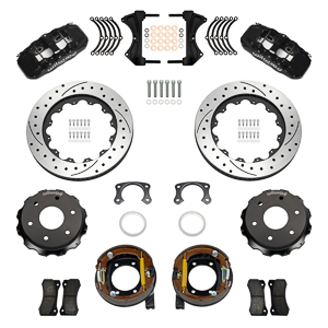 Wilwood AERO4 Big Brake Rear Parking Brake Kit Parts Laid Out - Black Powder Coat Caliper - SRP Drilled & Slotted Rotor