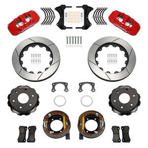 Wilwood AERO4 Big Brake Rear Parking Brake Kit Parts Laid Out - Red Powder Coat Caliper - GT Slotted Rotor
