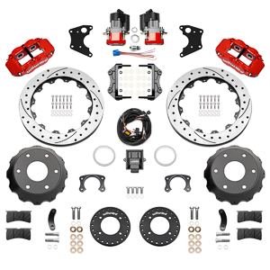 Wilwood Forged Narrow Superlite 4R Big Brake Rear Electronic Parking Brake Kit Parts Laid Out - Red Powder Coat Caliper - SRP Drilled & Slotted Rotor