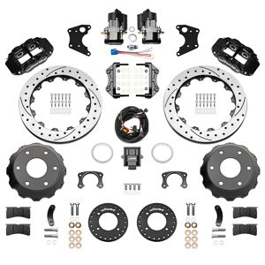 Wilwood Forged Narrow Superlite 4R Big Brake Rear Electronic Parking Brake Kit Parts Laid Out - Black Powder Coat Caliper - SRP Drilled & Slotted Rotor