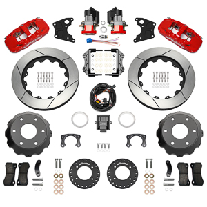 Wilwood AERO4 Big Brake Rear Electronic Parking Brake Kit Parts Laid Out - Red Powder Coat Caliper - GT Slotted Rotor