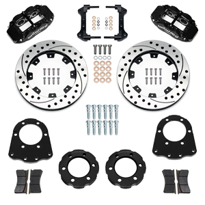 Wilwood Forged Narrow Superlite 6R Big Brake Front Brake Kit (Hat) Parts Laid Out - Black Powder Coat Caliper - SRP Drilled & Slotted Rotor