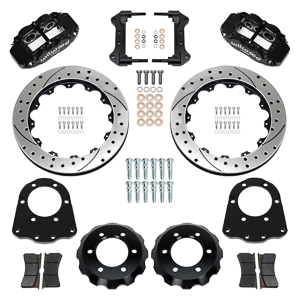 Wilwood Forged Narrow Superlite 6R Big Brake Front Brake Kit (Hat) Parts Laid Out - Black Powder Coat Caliper - SRP Drilled & Slotted Rotor