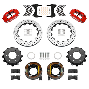 Wilwood Forged Narrow Superlite 4R Big Brake Rear Parking Brake Kit Parts Laid Out - Red Powder Coat Caliper - SRP Drilled & Slotted Rotor