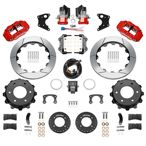 Wilwood Forged Narrow Superlite 4R Big Brake Rear Electronic Parking Brake Kit Parts Laid Out - Red Powder Coat Caliper - GT Slotted Rotor