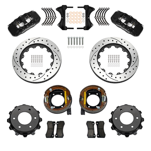 Wilwood AERO4 Big Brake Rear Parking Brake Kit Parts Laid Out - Black Powder Coat Caliper - SRP Drilled & Slotted Rotor