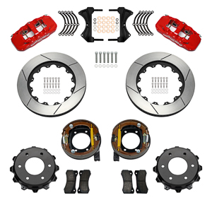 Wilwood AERO4 Big Brake Rear Parking Brake Kit Parts Laid Out - Red Powder Coat Caliper - GT Slotted Rotor