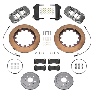 Wilwood AERO6 Big Brake Lug Drive Front Brake Kit (Race) Parts Laid Out - Type III Anodize Caliper - GT Slotted Rotor