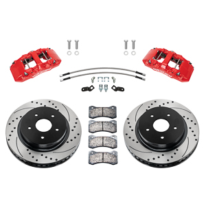 Wilwood AERO6-DM Direct-Mount Truck Front Brake Kit Parts Laid Out - Red Powder Coat Caliper - SRP Drilled & Slotted Rotor