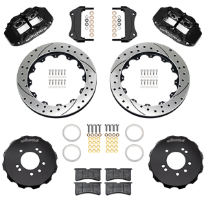 Wilwood Forged Narrow Superlite 6R Big Brake Front Brake Kit (Hat) Parts Laid Out - Black Powder Coat Caliper - SRP Drilled & Slotted Rotor