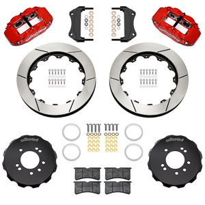 Wilwood Forged Narrow Superlite 6R Big Brake Front Brake Kit (Hat) Parts Laid Out - Red Powder Coat Caliper - GT Slotted Rotor