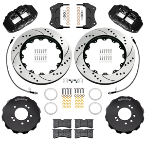 Wilwood Forged Narrow Superlite 6R Big Brake Front Brake Kit (Hat) Parts Laid Out - Black Powder Coat Caliper - SRP Drilled & Slotted Rotor