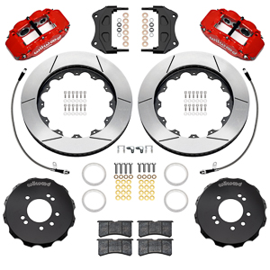 Wilwood Forged Narrow Superlite 6R Big Brake Front Brake Kit (Hat) Parts Laid Out - Red Powder Coat Caliper - GT Slotted Rotor