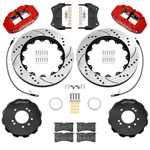 Wilwood Forged Narrow Superlite 6R Big Brake Front Brake Kit (Hat) Parts Laid Out - Red Powder Coat Caliper - SRP Drilled & Slotted Rotor