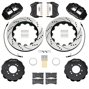 Wilwood Forged Narrow Superlite 6R Big Brake Front Brake Kit (Hat) Parts Laid Out - Black Powder Coat Caliper - SRP Drilled & Slotted Rotor