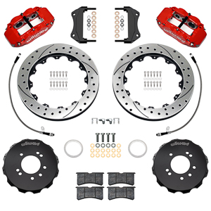 Wilwood Forged Narrow Superlite 6R Big Brake Front Brake Kit (Hat) Parts Laid Out - Red Powder Coat Caliper - GT Slotted Rotor