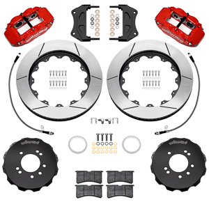 Wilwood Forged Narrow Superlite 6R Big Brake Front Brake Kit (Hat) Parts Laid Out - Red Powder Coat Caliper - GT Slotted Rotor