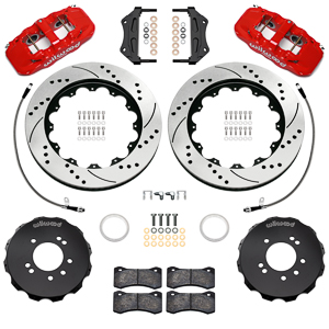 Wilwood AERO6 Big Brake Front Brake Kit Parts Laid Out - Red Powder Coat Caliper - SRP Drilled & Slotted Rotor
