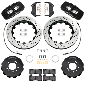 Wilwood AERO6 Big Brake Front Brake Kit Parts Laid Out - Black Powder Coat Caliper - SRP Drilled & Slotted Rotor