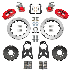 Wilwood Forged Narrow Superlite 4R-MC4 Big Brake Rear Parking Brake Kit Parts Laid Out - Red Powder Coat Caliper - GT Slotted Rotor