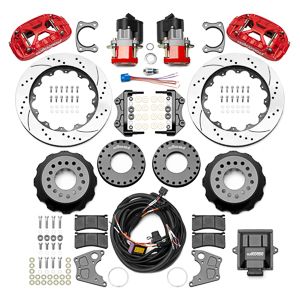Wilwood Forged XRS4R Big Brake Rear Electronic Parking Brake Kit Parts Laid Out - Red Powder Coat Caliper - SRP Drilled & Slotted Rotor
