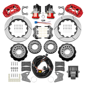 Wilwood Forged XRS4R Big Brake Rear Electronic Parking Brake Kit Parts Laid Out - Red Powder Coat Caliper - GT Slotted Rotor