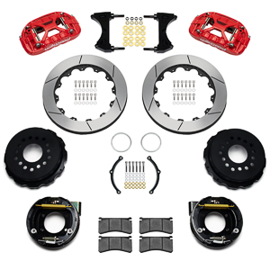 Wilwood Forged XRS4R Big Brake Rear Parking Brake Kit Parts Laid Out - Red Powder Coat Caliper - GT Slotted Rotor