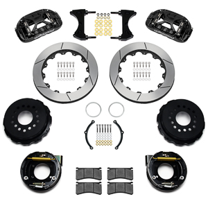 Wilwood Forged XRS4R Big Brake Rear Parking Brake Kit Parts Laid Out - Black Powder Coat Caliper - GT Slotted Rotor