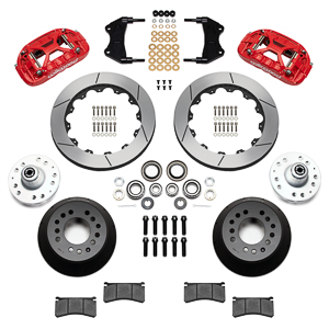 Wilwood Forged XRS6R Big Brake Front Brake Kit (Hub) Parts Laid Out - Red Powder Coat Caliper - GT Slotted Rotor