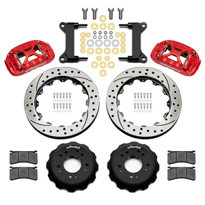 Wilwood Forged XRS6R Big Brake Front Brake Kit (Hat) Parts Laid Out - Red Powder Coat Caliper - SRP Drilled & Slotted Rotor