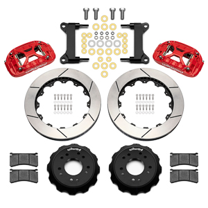 Wilwood Forged XRS6R Big Brake Front Brake Kit (Hat) Parts Laid Out - Red Powder Coat Caliper - GT Slotted Rotor