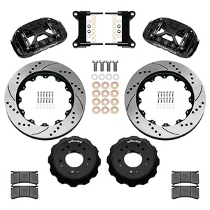 Wilwood Forged XRS6R Big Brake Front Brake Kit (Hat) Parts Laid Out - Black Powder Coat Caliper - SRP Drilled & Slotted Rotor