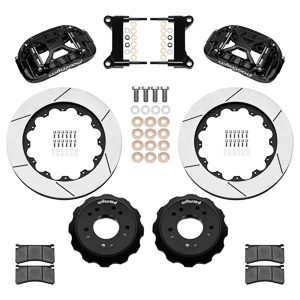 Wilwood Forged XRS6R Big Brake Front Brake Kit (Hat) Parts Laid Out - Black Powder Coat Caliper - GT Slotted Rotor