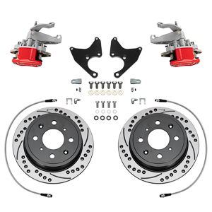 Wilwood HM7 Parking Brake Caliper Rear Brake Kit Parts Laid Out - Red Powder Coat Caliper - SRP Drilled & Slotted Rotor