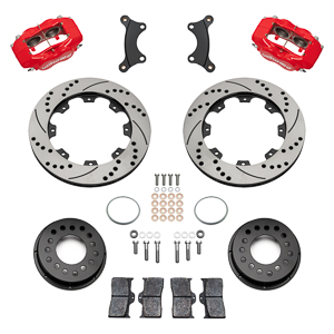 Wilwood Forged Dynalite Big Brake Front Brake Kit (Hat) Parts Laid Out - Red Powder Coat Caliper - SRP Drilled & Slotted Rotor