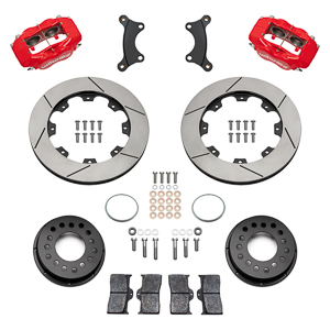 Wilwood Forged Dynalite Big Brake Front Brake Kit (Hat) Parts Laid Out - Red Powder Coat Caliper