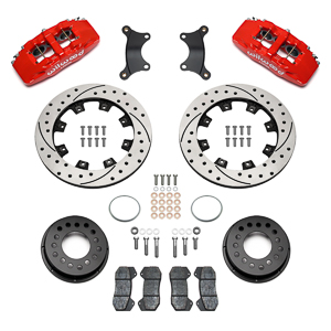 Wilwood Forged Dynapro 6 Big Brake Front Brake Kit (Hat) Parts Laid Out - Red Powder Coat Caliper - SRP Drilled & Slotted Rotor