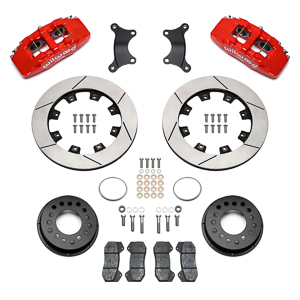 Wilwood Forged Dynapro 6 Big Brake Front Brake Kit (Hat) Parts Laid Out - Red Powder Coat Caliper - Plain Face Rotor
