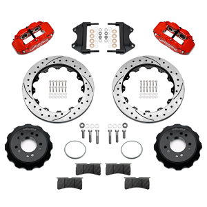 Wilwood Forged Narrow Superlite 6R Big Brake Front Brake Kit (Hat) Parts Laid Out - Red Powder Coat Caliper - SRP Drilled & Slotted Rotor