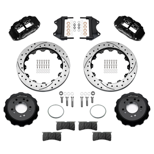 Wilwood Forged Narrow Superlite 6R Big Brake Front Brake Kit (Hat) Parts Laid Out - Black Powder Coat Caliper - SRP Drilled & Slotted Rotor