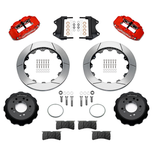 Wilwood Forged Narrow Superlite 6R Big Brake Front Brake Kit (Hat) Parts Laid Out - Red Powder Coat Caliper - GT Slotted Rotor