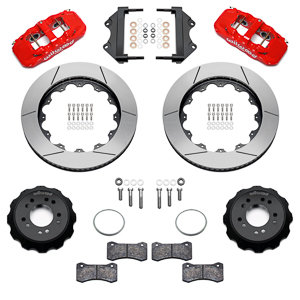 Wilwood AERO6 Big Brake Front Brake Kit Parts Laid Out - Red Powder Coat Caliper - GT Slotted Rotor
