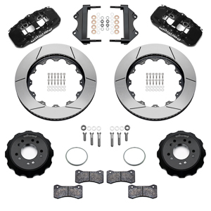 Wilwood AERO6 Big Brake Front Brake Kit Parts Laid Out - Black Powder Coat Caliper - GT Slotted Rotor